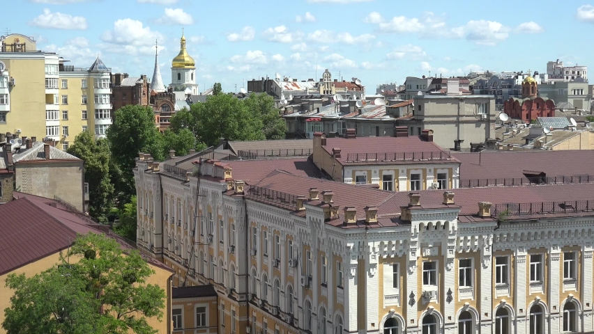 UKRAINE - CIRCA 2022 - establishing shot rooftops of downtown Kyiv, Ukraine with St. Sophia
