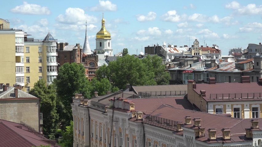 UKRAINE - CIRCA 2022 - establishing shot rooftops of downtown Kyiv, Ukraine with St. Sophia