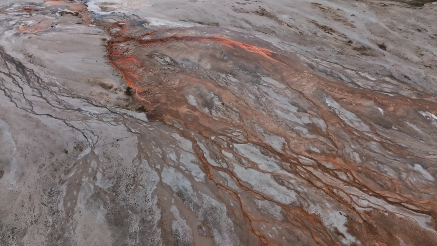 Aerial video of deep green orange geyser pool in the Yellowstone National Park. Scenic view over colorful Norris Geyser Basin in Yellowstone National Park