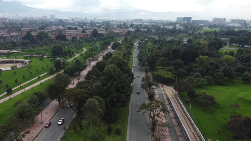 Bogota streets with moderate traffic from flight