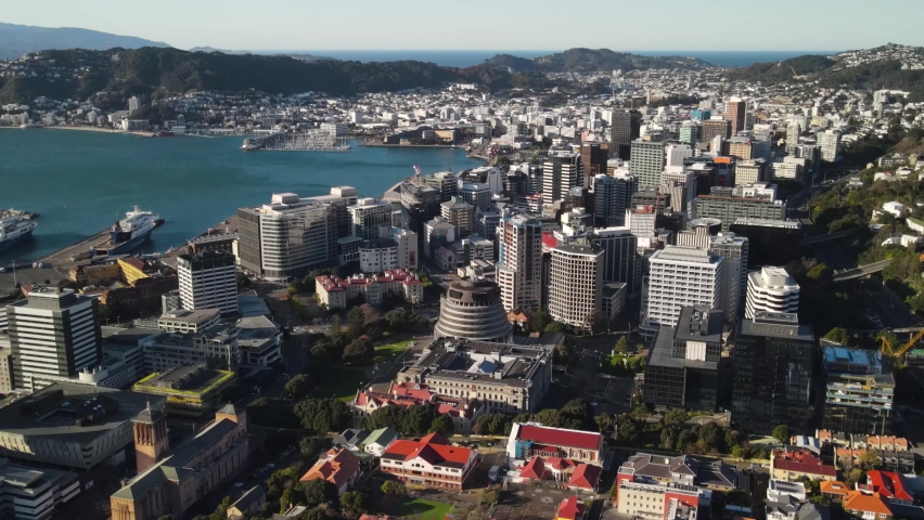 Wellington, the capital of New Zealand. Aerial panoramic of iconic buildings and city centre.