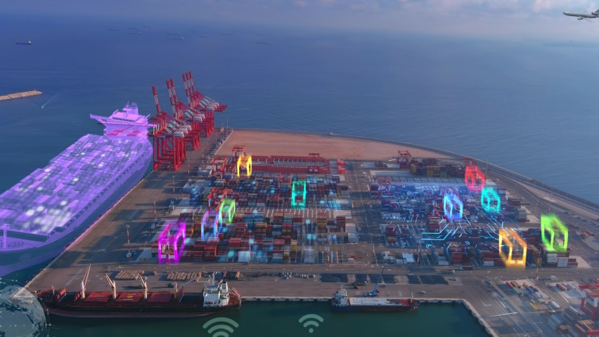  Futuristic Port with 5G network and technology data
Wifi communication, technology concept, Aerial shot with artificial intelligence, digital network, Harbour, Harbor in the future
 Royalty-Free Stock Footage #1094960043