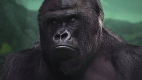Closeup portrait of gorilla male, severe silverback, watching his somewhere family. Menacing expression of great ape, most dangerous and huge monkey. High quality 8k footage filmed on Nikon Z9 camera - Powered by Shutterstock - Get 15% off with code: PIKWIZARD15