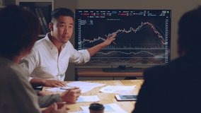 Businessman talking about investment stock market and graph from tv screen with broker trader, giving money plan management and analysis - Powered by Shutterstock - Get 15% off with code: PIKWIZARD15