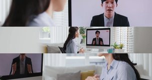 Young CEO man asia startup people give great admire praise online speech coach mentor thumbs up clap hand for remote work at home woman workforce in Town hall happy talk video call on computer screen.