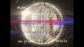 Animation of a screen with the word play, the date and time in white text and bands of interference, showing a mirror ball reflecting lights and turning on a black background - Powered by Shutterstock - Get 15% off with code: PIKWIZARD15
