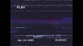 Animation of a black screen with the word play, the date and time in white text, and bands of interference moving in fast motion