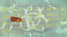 Animation of floating macro Covid-19 cells and biohazard symbol over falling pills on the white background. Medical staff during Covid-19 coronavirus pandemic concept. - Powered by Shutterstock - Get 15% off with code: PIKWIZARD15