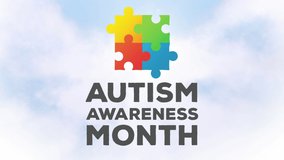 Animation of multi coloured puzzle elements forming square with words Autism Awareness Month over clouds on blue sky in the background. Autism awareness support concept digitally generated image. - Powered by Shutterstock - Get 15% off with code: PIKWIZARD15