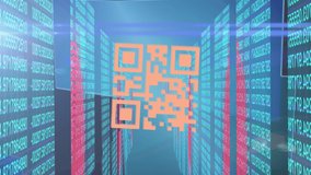 Animation of a looped orange QR code with blue squares floating over a tunnel made of screens showing lines of numbers digital composite video - Powered by Shutterstock - Get 15% off with code: PIKWIZARD15