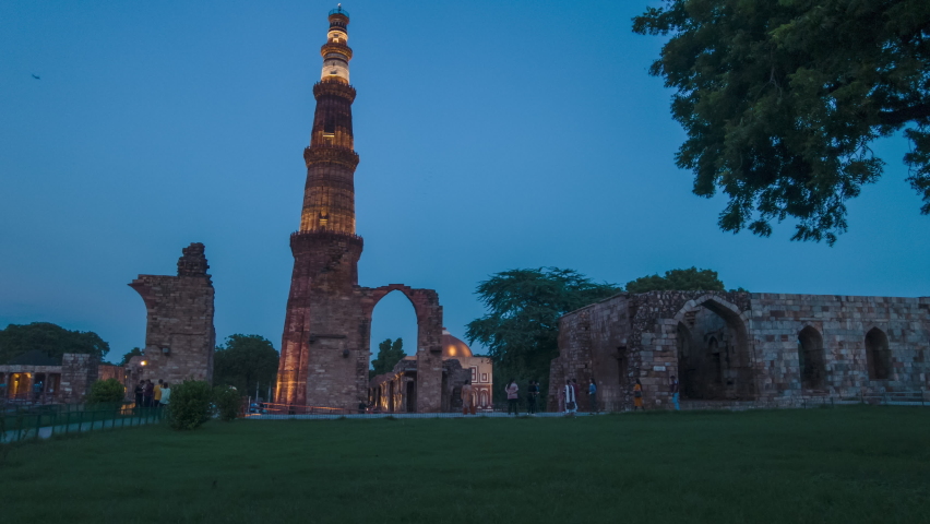 Timelapse of Qutub Minar, Delhi, India, from evening to night, with the entire complex in view.