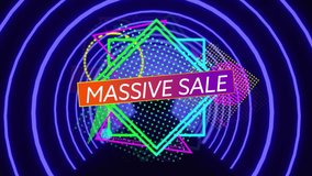 Digital animation of massive sale text over abstract shapes against blue neon concentric circles. sale discount and retail business concept - Powered by Shutterstock - Get 15% off with code: PIKWIZARD15