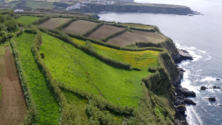 Steep green pastures on sea cliffs of Azores coastline, flyover view. | Shutterstock HD Video #1094976135