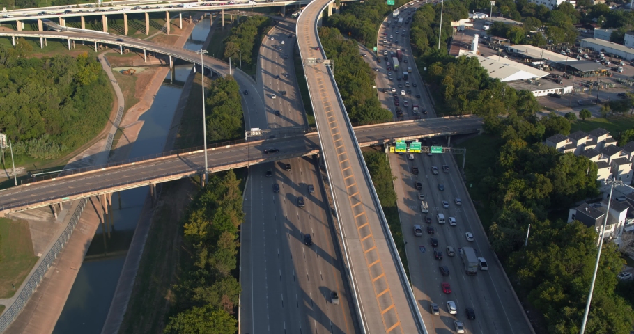 Birds eye view of I-45 North freeway and the Buffalo Bayou in Houston | Shutterstock HD Video #1094976207