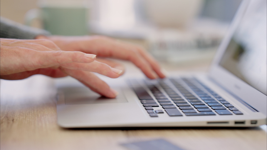 Woman hands typing laptop keyboard, email and work from home office of freelancer, blogging and website research. Closeup fingers for computer elearning, internet connect and planning online course | Shutterstock HD Video #1094978709