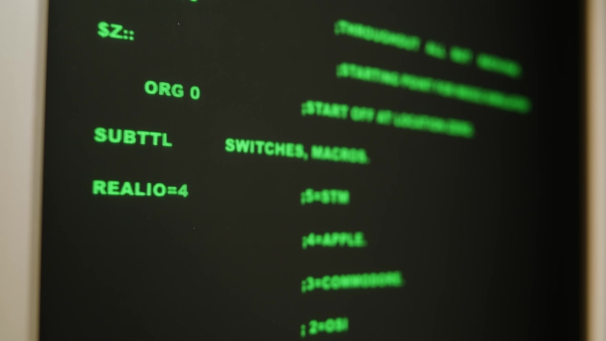 Retro pc with loading code console, programmer making scripts, green basic screen, Old computer studio close-up, Desktop vintage retro wave display, late 90s PC.