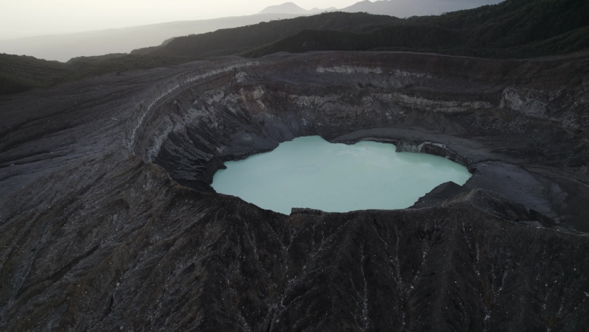 Drone shot flying over Poas Volcano in Costa Rica