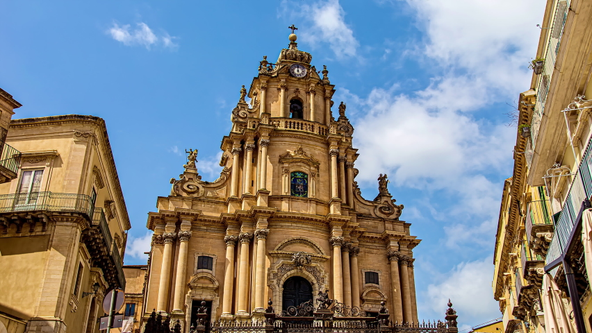 Facade of the basilica of San Giorgio, a religious building in Modica, in Ragusa, Italy. This church is considered a masterpiece of the Italian Baroque.