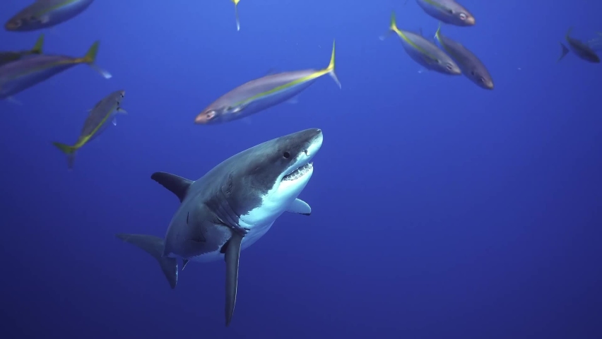 Hungry scary Great white shark with many dorsal scars, close up shot | Shutterstock HD Video #1094992411