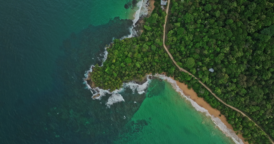Bocas del Toro Panama Aerial v4 vertical top down view, drone flyover along coastal shore capturing paunch beach peninsula, turquoise blue sea and tropical forest - Shot with Mavic 3 Cine - April 2022 Royalty-Free Stock Footage #1094992431