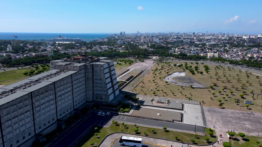 Beautiful aerial view of the iconic Christopher Columbus monument, the Colon Lighthouse in located in  Santo Domingo, the capital of Dominican Republic