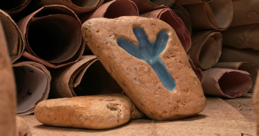 Closeup of divination by stones based on futhark alphabet. Fortune telling from the runes.