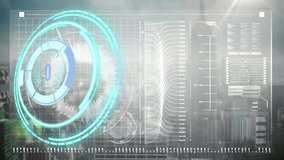 Animation of neon round scanner over digital interface with data processing against cityscape. Computer interface and business technology concept - Powered by Shutterstock - Get 15% off with code: PIKWIZARD15