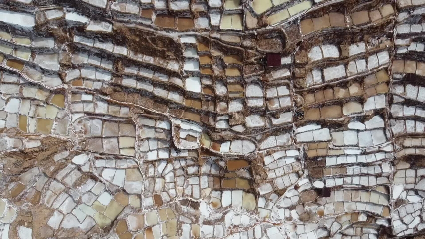 Aerial drone of the Maras Salt Mines in the Sacred Valley Peru