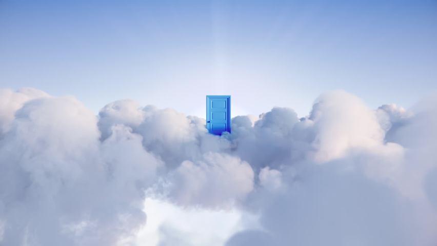 3d animation, blue door opens among the clouds in the sky. Way to eternity, religious heaven paradise metaphor, afterlife concept Royalty-Free Stock Footage #1095016021