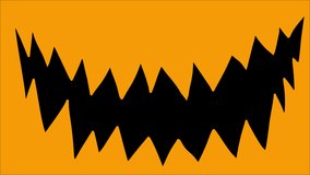 Animation of the teeth Halloween pumpkin on a black screen. Video transition with biting and chewing sharp teeth. Change of shots in Halloween clip. 4k graphics with alpha channel.