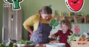Animation of vegetables icons over caucasian woman with son cooking. Family, food and digital interface concept digitally generated video.