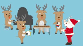 Santa Claus and his reindeer are playing musical instruments and singing songs in celebration of Christmas.