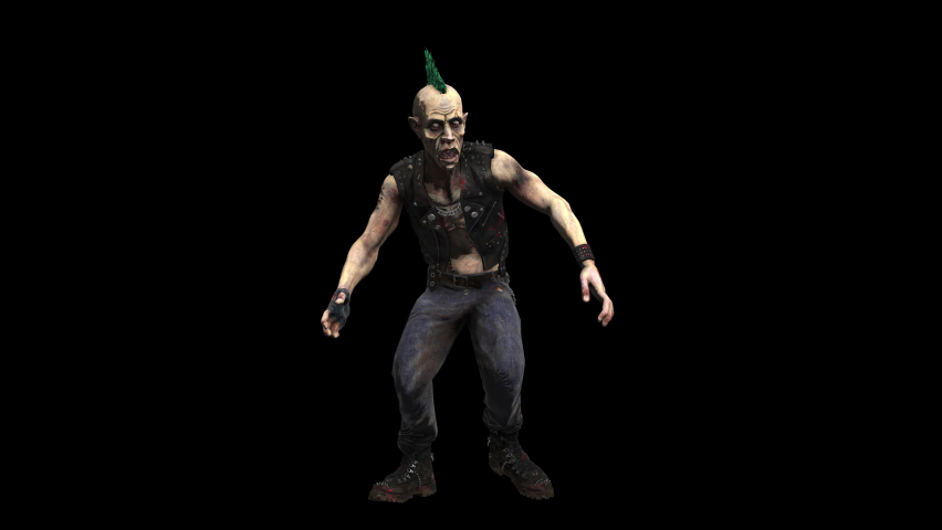 Seamless animation of a running punk zombie isolated with alpha channel. Funny cartoon character for Halloween background.