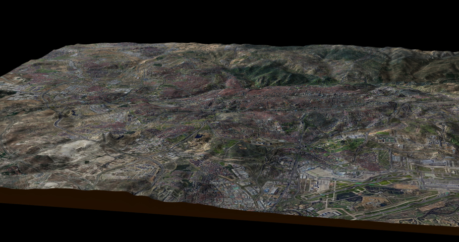 Madrid east to west map with 3d relief 4K satellite ground low height