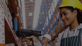 Animation of network of connections with icons over african american female worker in warehouse. Global connections, shipping and delivery concept digitally generated video. - Powered by Shutterstock - Get 15% off with code: PIKWIZARD15