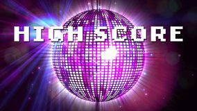 Animation of high score text over light spots and disco ball on black background. Social media, party and digital interface concept digitally generated video. - Powered by Shutterstock - Get 15% off with code: PIKWIZARD15