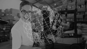 Animation of globe over caucasian male worker in warehouse. Global shipping, delivery and digital interface concept digitally generated video. - Powered by Shutterstock - Get 15% off with code: PIKWIZARD15