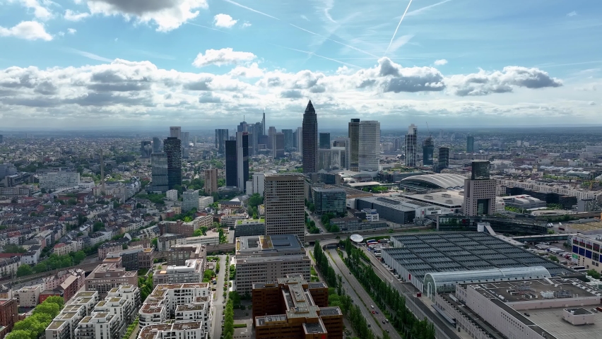 Drone panorama of Frankfurt am Main, Germany Skyline New Skyscrapers Urban Canyon in Sunset or Sunrise Light, Aerial Pedestal in Establishing Drone Shot Royalty-Free Stock Footage #1095030671