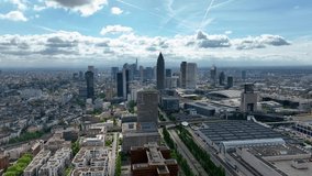 Drone panorama of Frankfurt am Main, Germany Skyline New Skyscrapers Urban Canyon in Sunset or Sunrise Light, Aerial Pedestal in Establishing Drone Shot