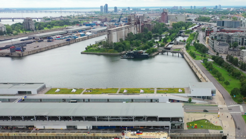 Aerial pan of the harbour in Montreal, Quebec, Canada 4K