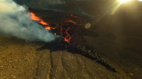 FPV drone shot through bubbling Lava, sunset at the Fagradalsfjall basin in Iceland Video de stock