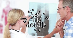 Animation of get the details text over diverse doctor and patient. Global science, social media and digital interface concept digitally generated video.