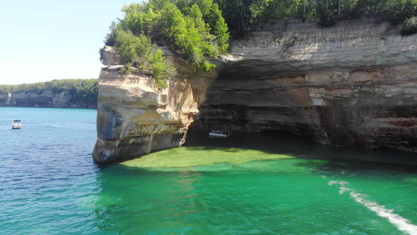 aerial footage of the pictured rocks on Lake Superior in Michigan