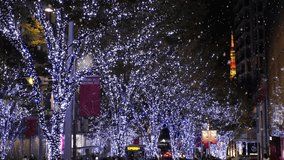 TOKYO, JAPAN - DEC 2021 : Christmas illumination, led light up and snow at Roppongi Keyaki-zaka (Keyaki hill). Scenery of downtown city and street at night. Winter and Christmas season concept video.