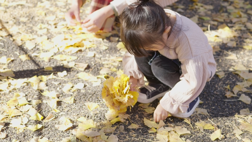 Asian child playing with fallen leaves