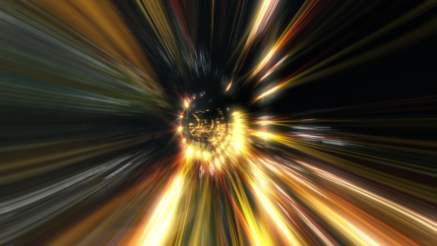 Hyperspace light speed space flight through bright flicker gold star space time wormhole vortex tunnel. 4K 3D Loop colorful Sci-Fi interstellar space travel background concept.Abstract Science Fiction Royalty-Free Stock Footage #1095054683