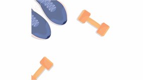 Animated muscle gain scene with text. Workout with dumbbells planning. Build mass. Flat top view HD video footage with alpha channel. Color cartoon style illustration animation. Neucha font used