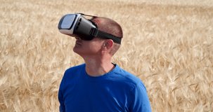 Young Man Wearing Virtual Reality Glasses in Gold Barley Field Looking Around and Using Web. Watching 360 Degrees Film Via Virtual Reality Interface. Technology, Entertainment, Imagination Concept