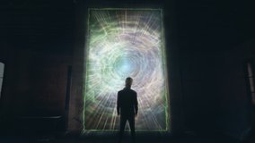 Dimensional Portal Man House Interior Surreal Scene Zoom In. Man standing alone in front of a portal to another dimension inside a house. Surreal background, zoom in - Powered by Shutterstock - Get 15% off with code: PIKWIZARD15