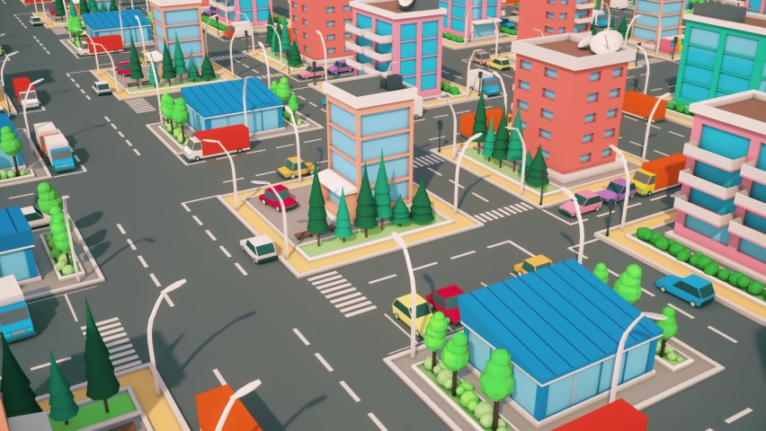 3d cgi animation of a colorful low poly city, videogame sim city flat style with buildings, cars, trees and roads. 4k Motion graphics looping background Royalty-Free Stock Footage #1095059865
